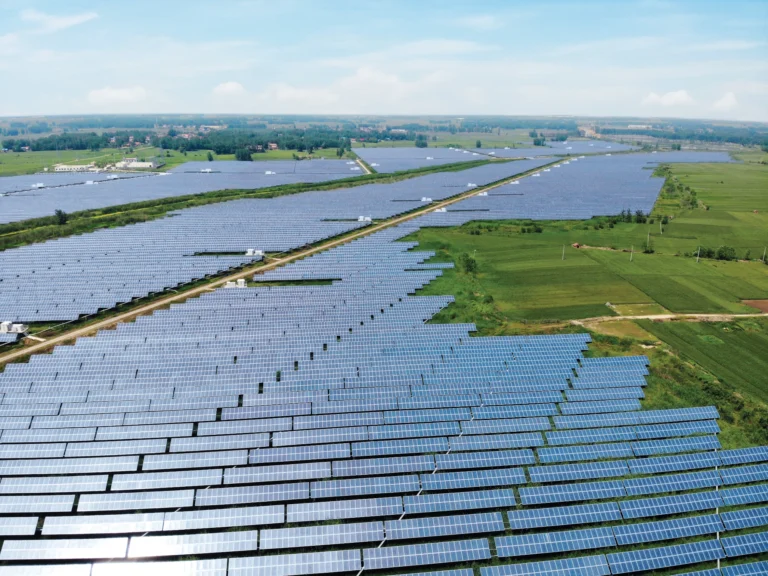 Aerial view of thousands of 710Wp solar modules in a utility-scale project arranged in rows across a green landscape, with rural infrastructure in the background.