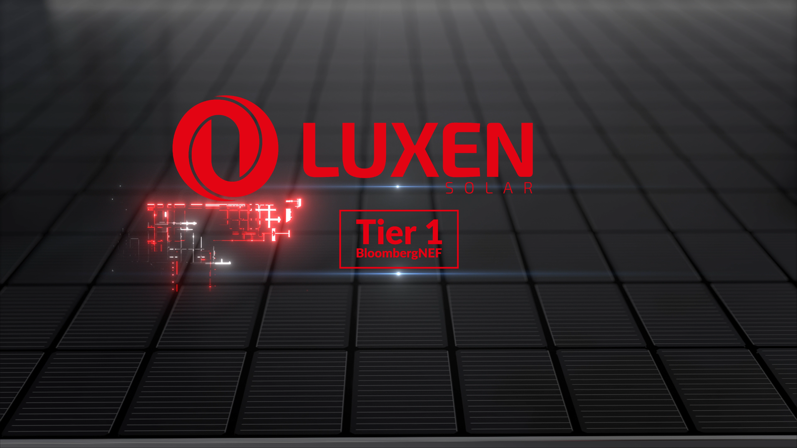 Luxen Solar logo with Tier 1 BloombergNEF badge on a sleek solar panel background.
