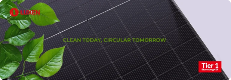Solar panel with green leaves and the Luxen logo, captioned “Clean Today, Circular Tomorrow”